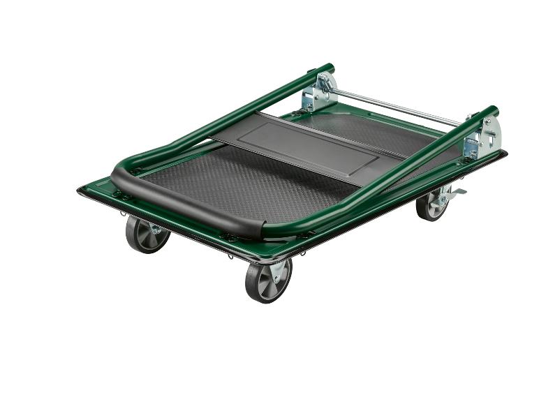 Groene opvouwbare platformwagen met wielen en zwart handvat.