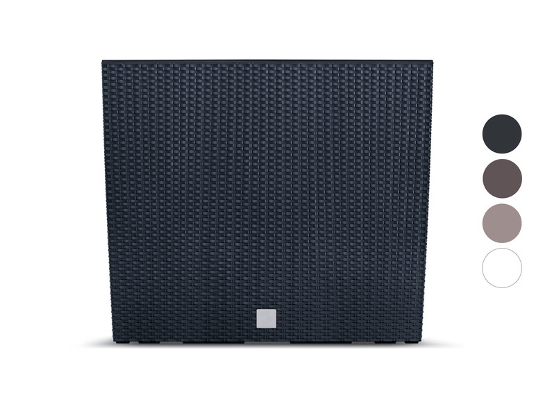 Een donkergrijze, vierkante plantenbak met een geweven textuur.