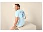 Lichtblauw heren T-shirt met palmboomprint en tekst 'BRIGHT DAYS BOLD VIBES SUNSHINE & WAVES' op de rug.