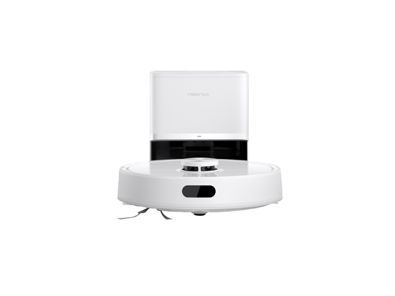 Witte robotstofzuiger met ronde basis en laadstation.