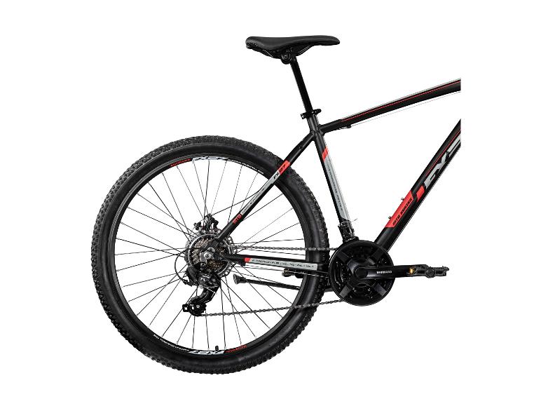 Zündapp FX27 mountainbike met een zwart frame en rode accenten, met Shimano-onderdelen.