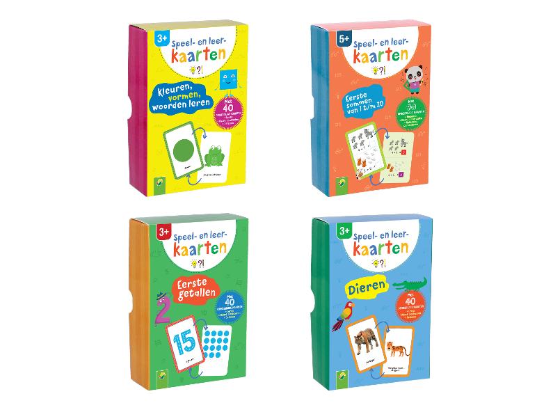 Vier sets educatieve kaartspellen voor kinderen: kleuren, vormen, woorden; sommen; getallen; en dieren.