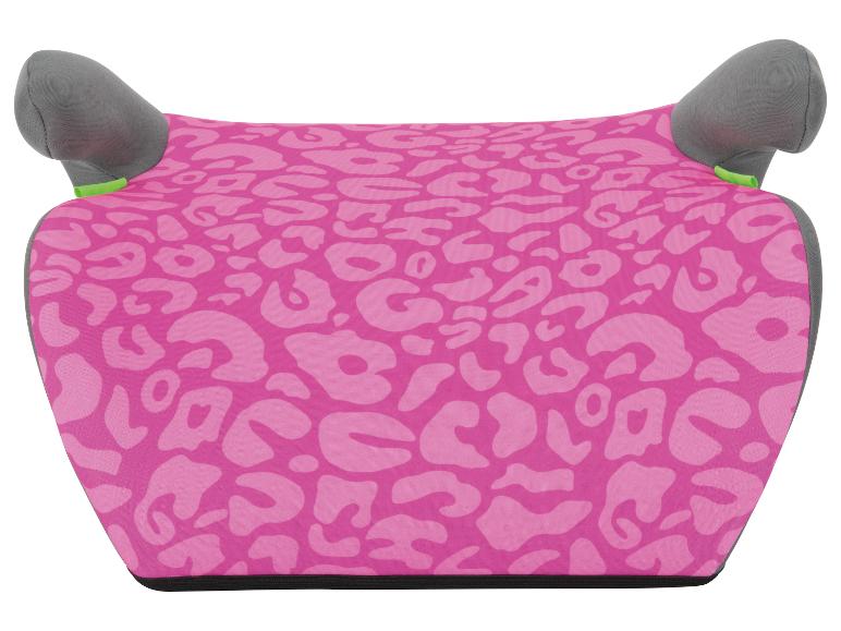 Roze zitverhoger met luipaardprint en grijze armleuningen.
