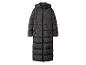Lange zwarte gewatteerde jas met capuchon en rits.