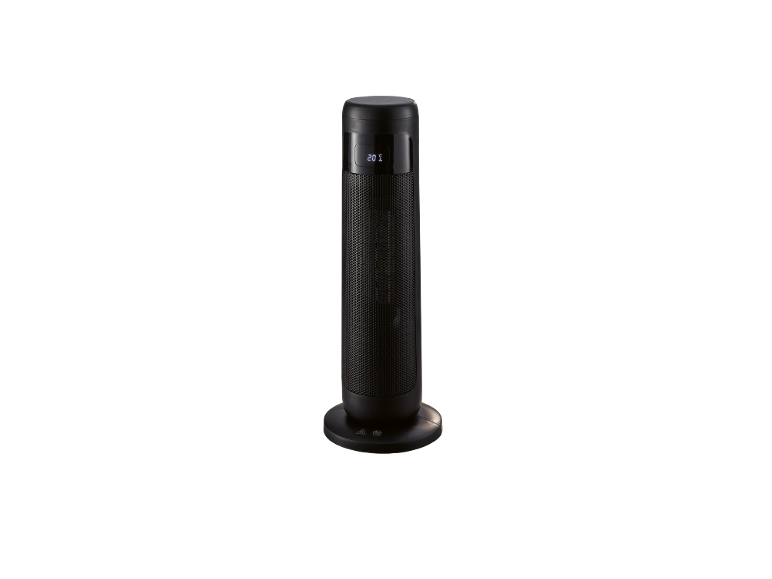 Zwarte torenverwarmer met digitaal display dat 20°C aangeeft.
