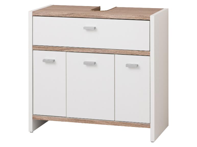 Witte en licht houten badkamerkast met één lade en drie deuren.