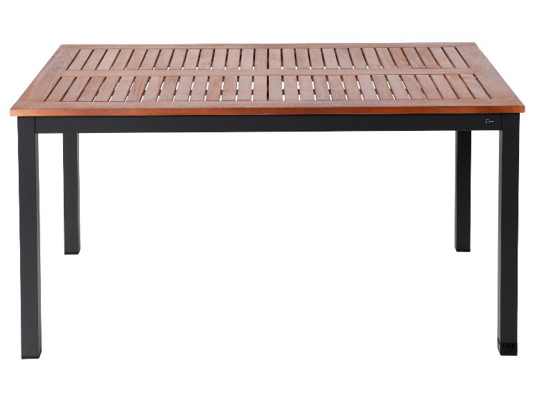 Livarno Home houten tuintafel met zwart metalen frame.