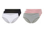 Een set van zes onderbroeken in zwart, wit, grijs en roze.