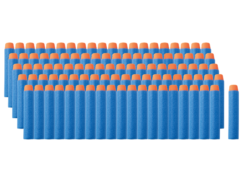 Blauwe Nerf darts met oranje punten gerangschikt in rijen.