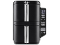Zwarte dubbele airfryer met digitaal display dat tijd- en temperatuurinstellingen toont.
