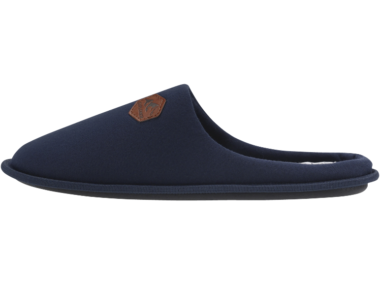 Donkerblauwe pantoffel met bruin label