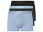 Drie paar boxershorts in lichtblauw en zwart.