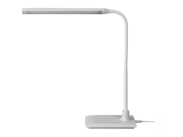 Witte LED-bureaulamp met flexibele hals en rechthoekige voet.