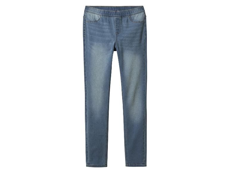 Blauwe denim-look legging met elastische tailleband.