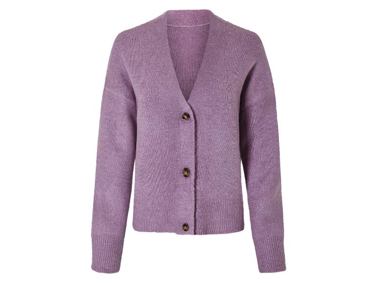 Een paarse gebreide cardigan met knopen.