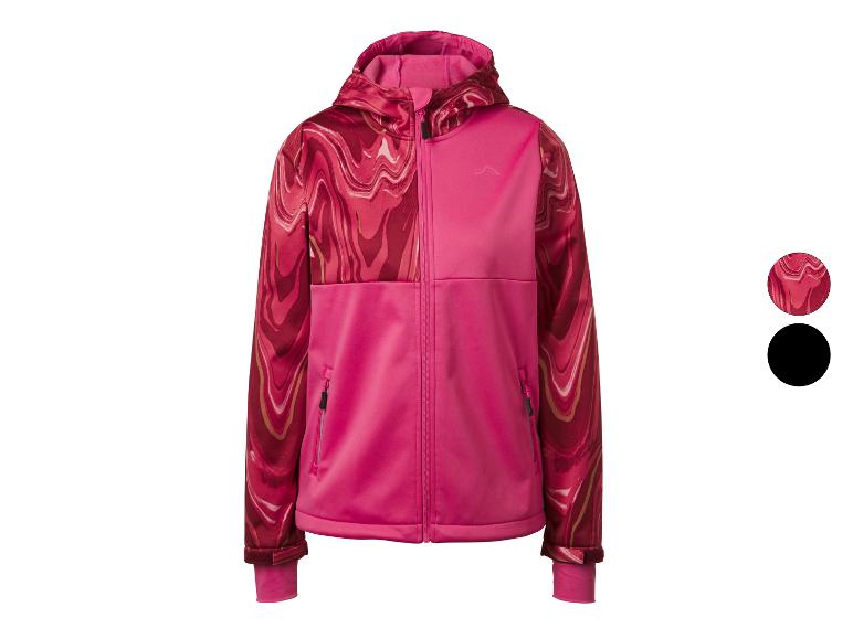 Roze kinder softshell jas met abstract patroon op mouwen en capuchon.