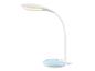 Witte LED bureaulamp met blauwe voet; sfeerverlichting.