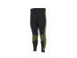 Zwarte sportlegging met geelgroene strepen en patronen.