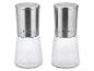 Twee glazen kruidenmolens met stalen doppen.