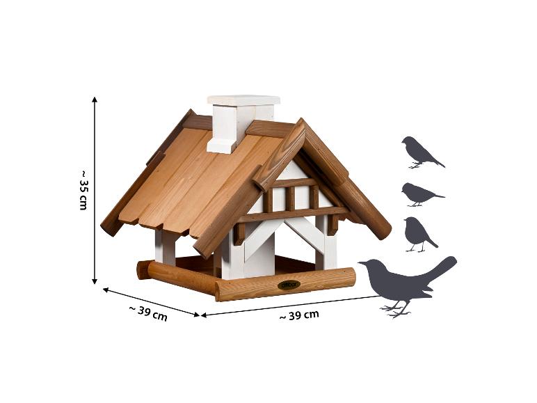 Houten vogelhuisje met dak en schoorsteen, afmetingen 35x39x39 cm, met vogelsilhouetten.
