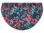 Bikini broekje, tropische print, rode bloemen en groene bladeren.