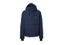 Donkerblauwe anorakjas met capuchon, rits en zakken.
