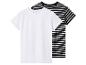 Twee T-shirts met korte mouwen, één wit en één zwart met witte strepen.
