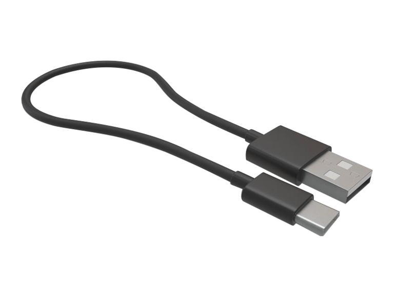 Korte zwarte USB-C naar USB-A kabel voor opladen en gegevensoverdracht.