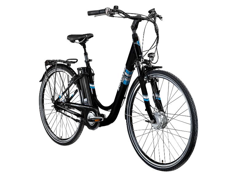 Een zwarte Zündapp elektrische fiets, van opzij gezien.