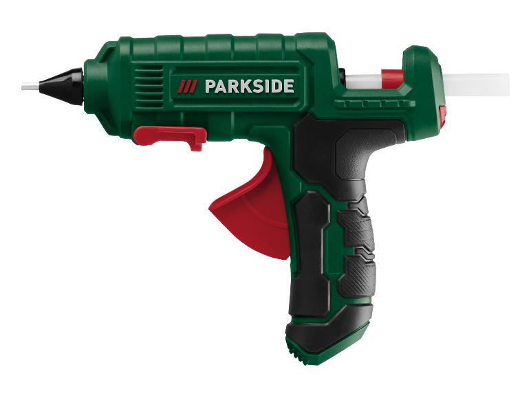 Groen en zwart lijmpistool met rode trekker en een witte lijmstick.