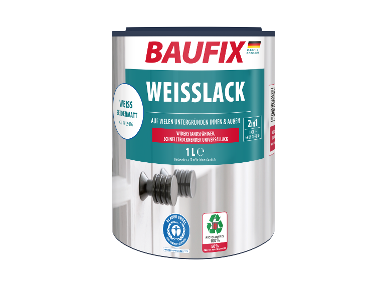Baufix witte verf, 1L, 2-in-1, binnen/buiten.