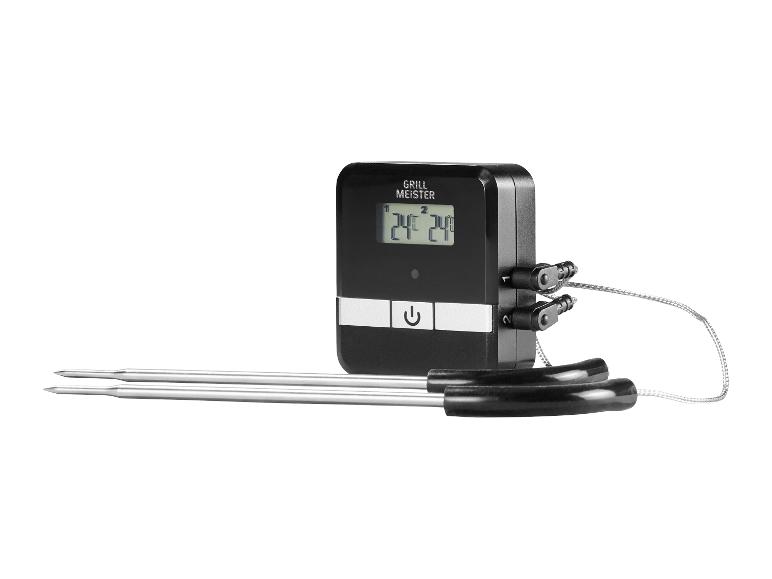 Grill Meister digitale vleesthermometer met twee sondes en display dat 24°C toont.
