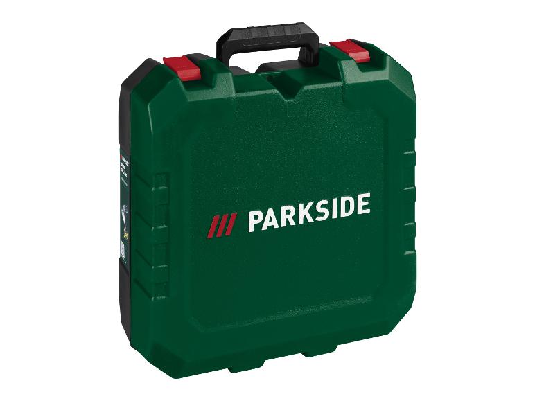 Groene Parkside gereedschapskoffer met zwart handvat en rode sluitingen.