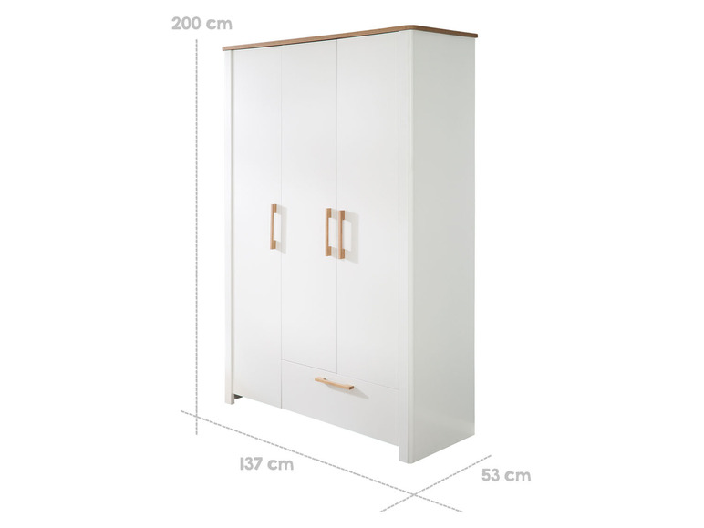 Witte kledingkast met drie deuren en een lade.