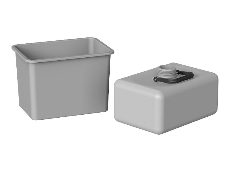 Grijze plastic bak en rechthoekige jerrycan.