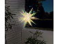 Iriserende decoratieve ster hangt buiten met een donkere tuinachtergrond.