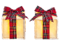 Twee oplichtende geschenkdozen met geruite linten voor kerstdecoratie.