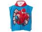 Een blauwe badhanddoek met een afbeelding van Spiderman.