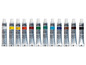 Een set van 12 Relando acrylverf tubes met kleuren zoals wit, geel, oker, vermiljoen en meer.
