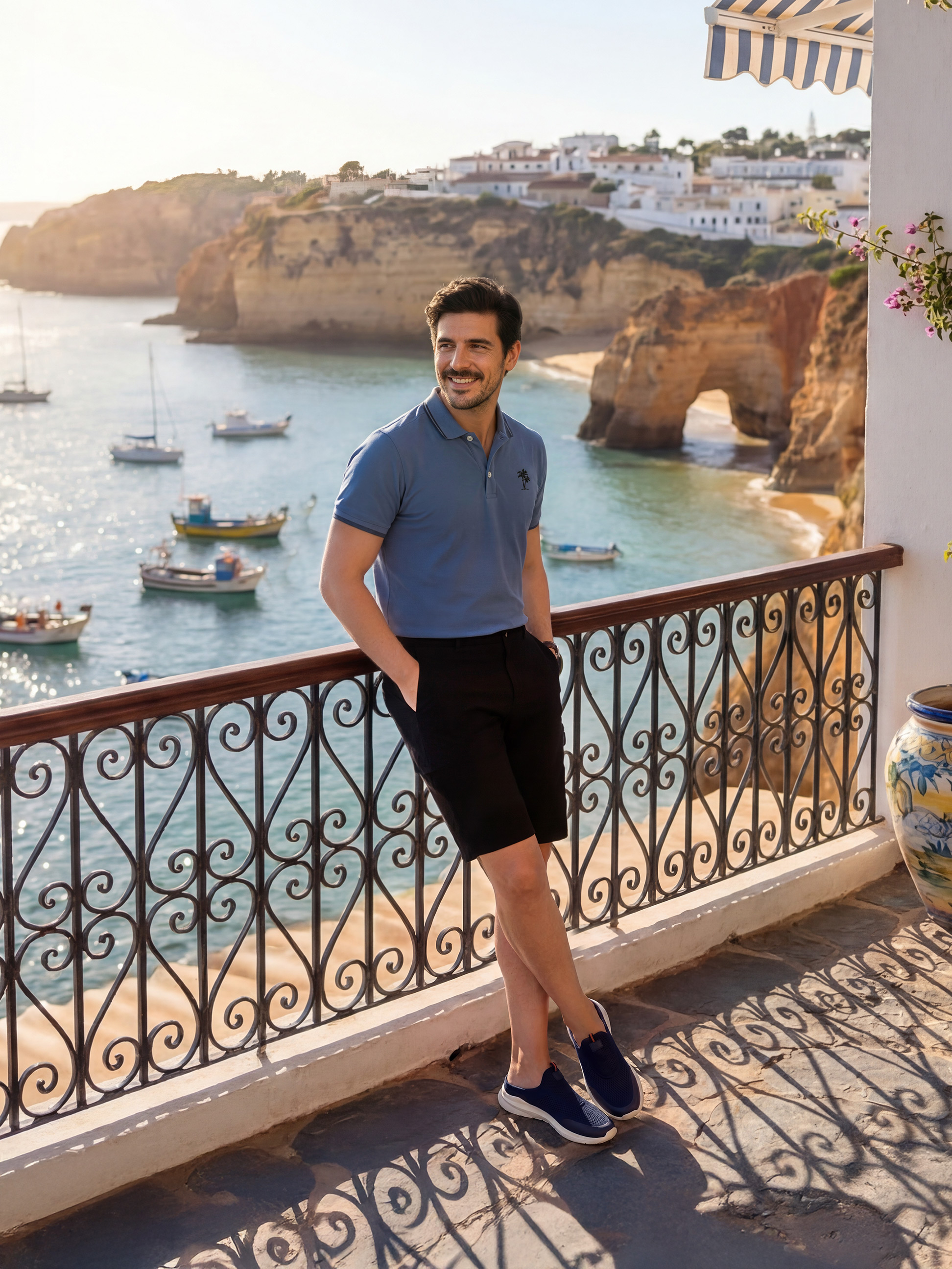 Man in blauwe poloshirt en zwarte korte broek op balkon met uitzicht op zee en kliffen.