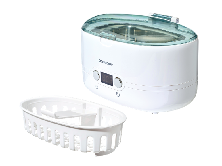 Witte ultrasone reiniger met transparant deksel en aparte mand