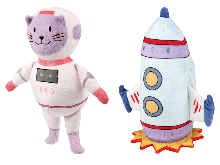 Pluche speelgoed: astronaut kat en raket.