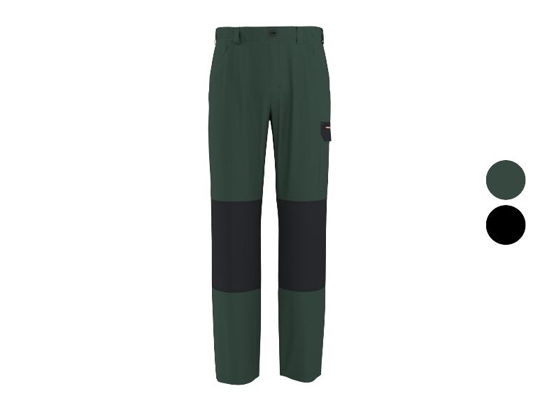 Donkergroene werkbroek voor heren met zwarte kniestukken.