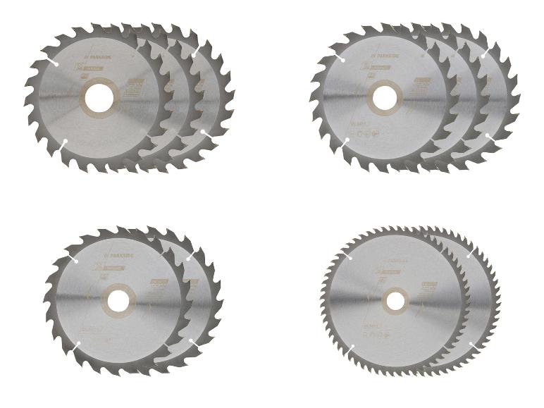 Vier sets zaagbladen voor hout, met de tekst 'WOOD' en 'EN 847-1'.