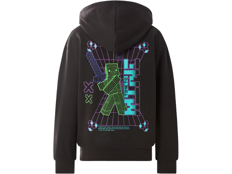 Zwarte kinderhoodie met een kleurrijke videogame-print op de achterkant.