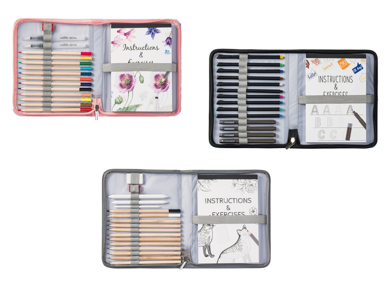 Drie etui's met kleurpotloden, stiften en een instructieboekje.