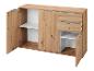Houten dressoir met open deuren, witte planken en laden met metalen handgrepen.