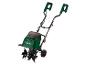 Groene Parkside elektrische cultivator met zwarte handvatten en wielen