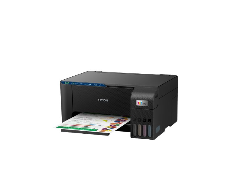 Zwarte Epson EcoTank printer met een bedrukt vel papier