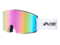 Skibril met iriserende lens en witte band met logo.